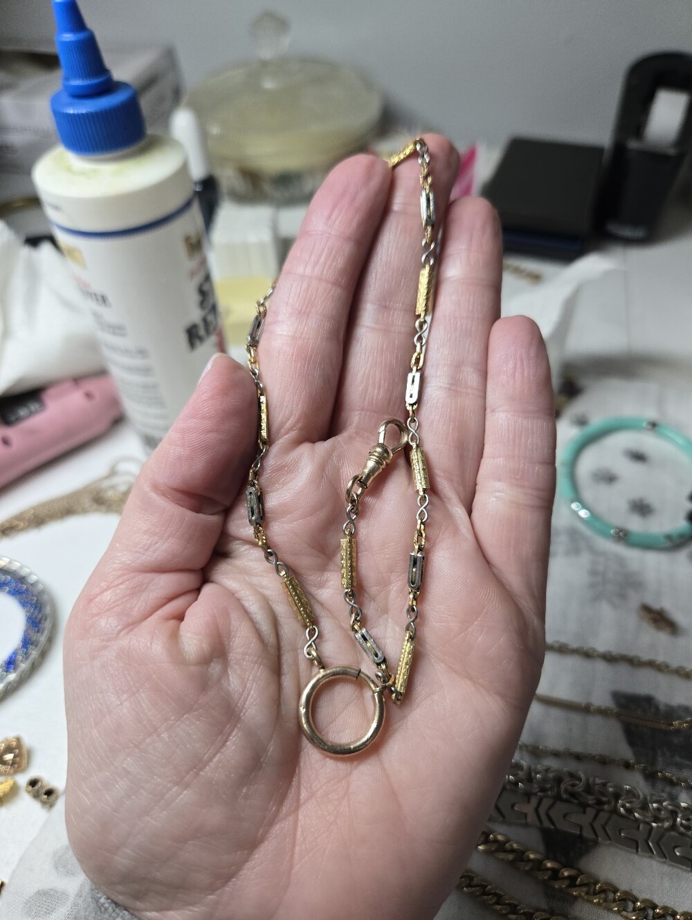 Victorian Gold Filled Two-Tone Link Watch Chain with Ring Pendant